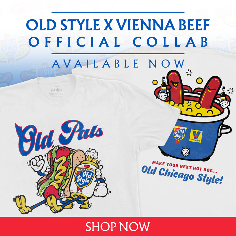 two old style x vienna beef tees next to "old style x vienna beef official collab available now" text