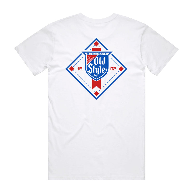 back of t shirt with old style logo in baseball diamond design