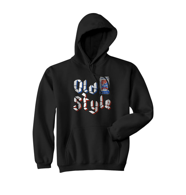 hoodie with "old style" words and beer can in center 
