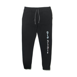 front of joggers with old style lettering going down the left pant leg