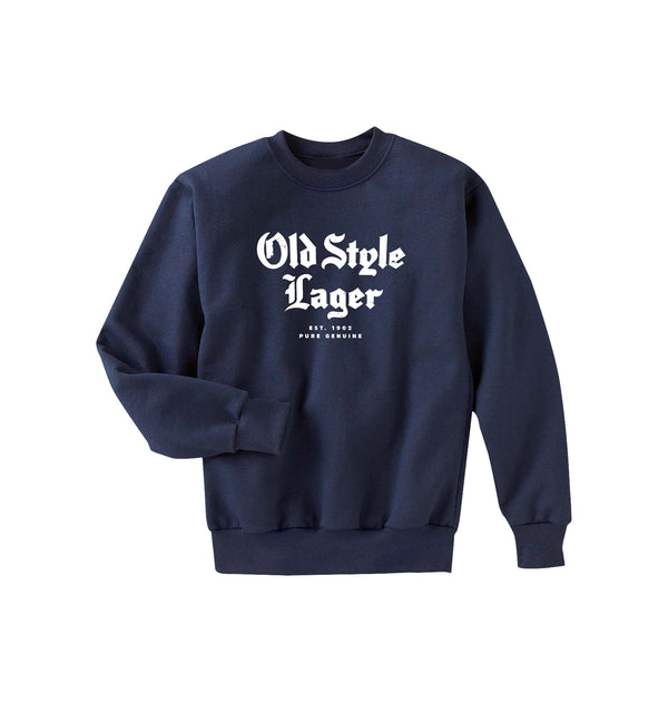 front of navy crew neck with "old style lager" on it 