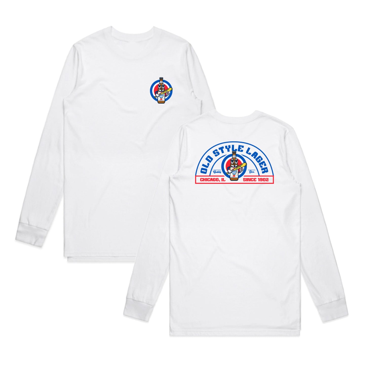 front and back of long sleeve with old style beer dressed as a baseball player on front pocket and centered on back