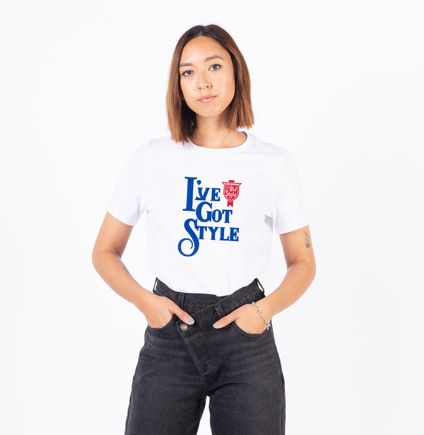 front of woman wearing t shirt with "I've Got Style" and old style logo on it