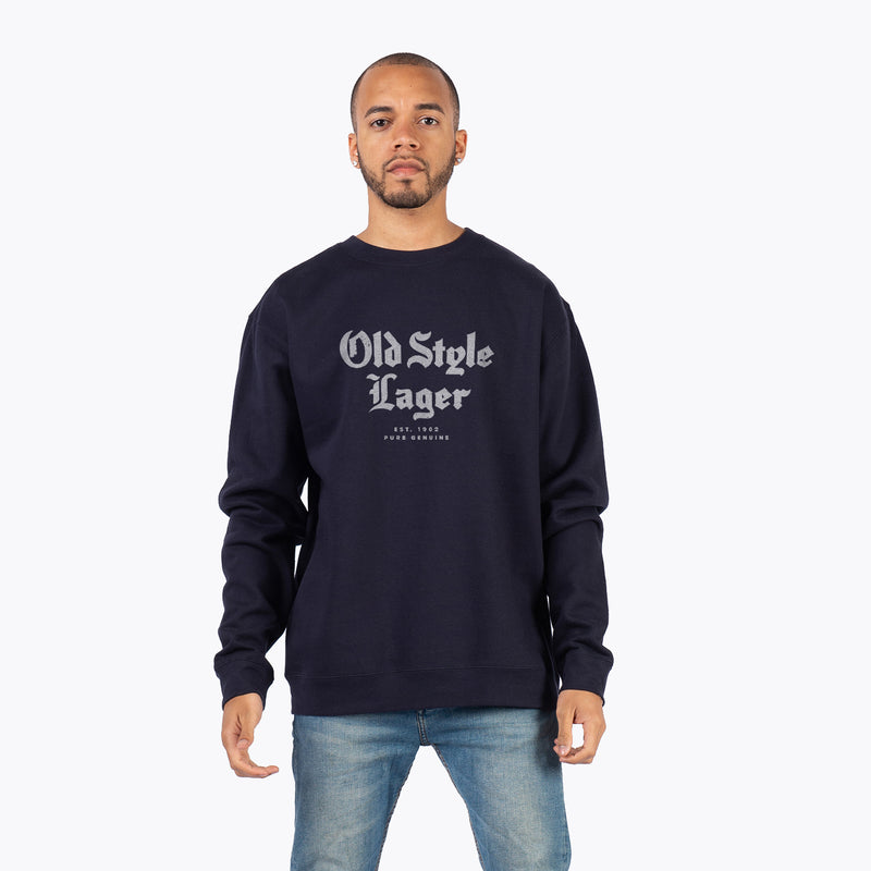 front of man wearing crew neck with "old style lager" on it 