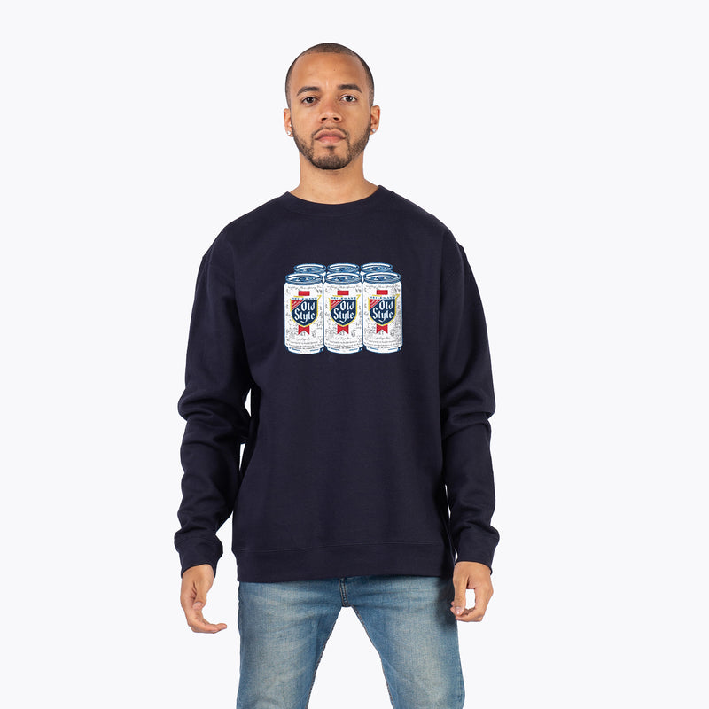  front of man wearing a crew neck with 6 pack of old style beer on it