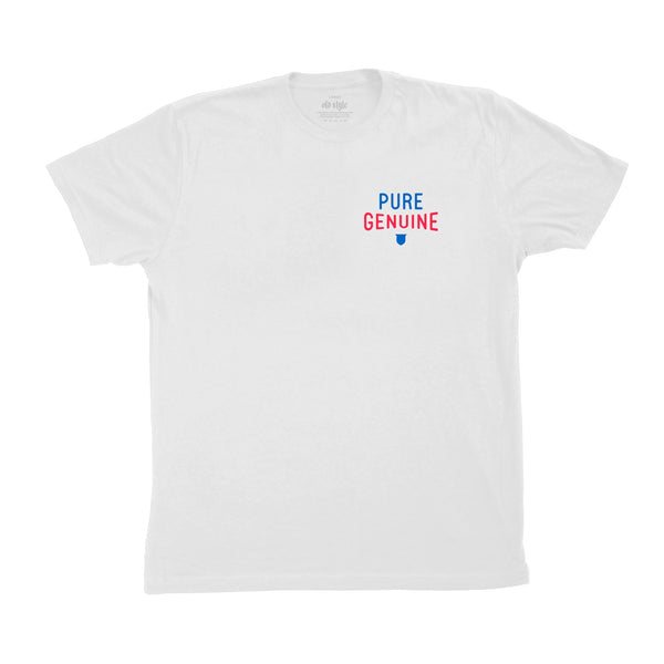 front of t shirt with "pure genuine" on pocket 
