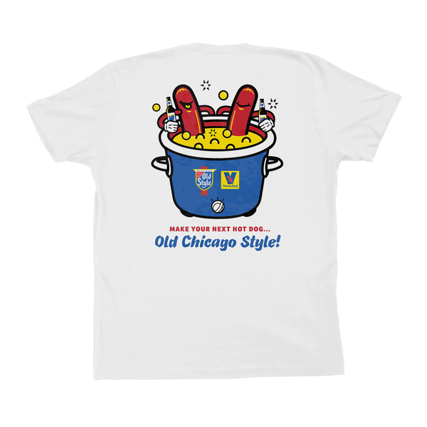 back of t shirt with two hot dogs in a cooking pot with "make your next hot dog... old chicago style!" underneath it 