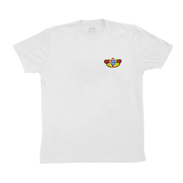 front of t shirt with old style logo on a hot dog design on pocket