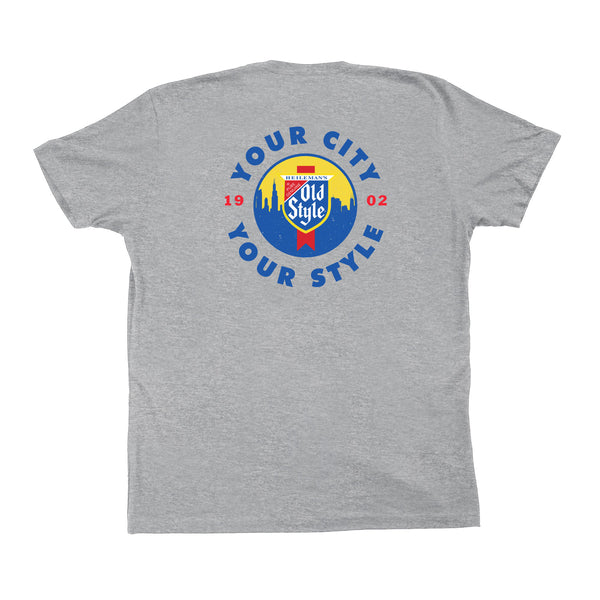 back of grey t-shirt with "your city your style" with old style beer logo on it