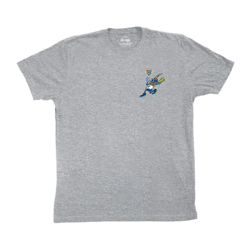 front of grey t-shirt with an old style beer carrying the logo and pizza in its hands