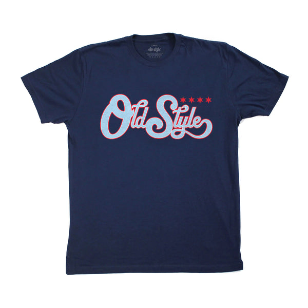 front of t shirt with blue old style lettering and four stars 