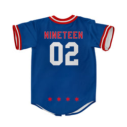 back of jersey with words nineteen, numbers zero two, and four stars at the bottom