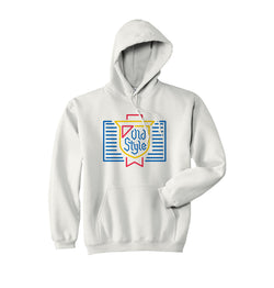 front of hoodie with neon sign of old style beer logo  