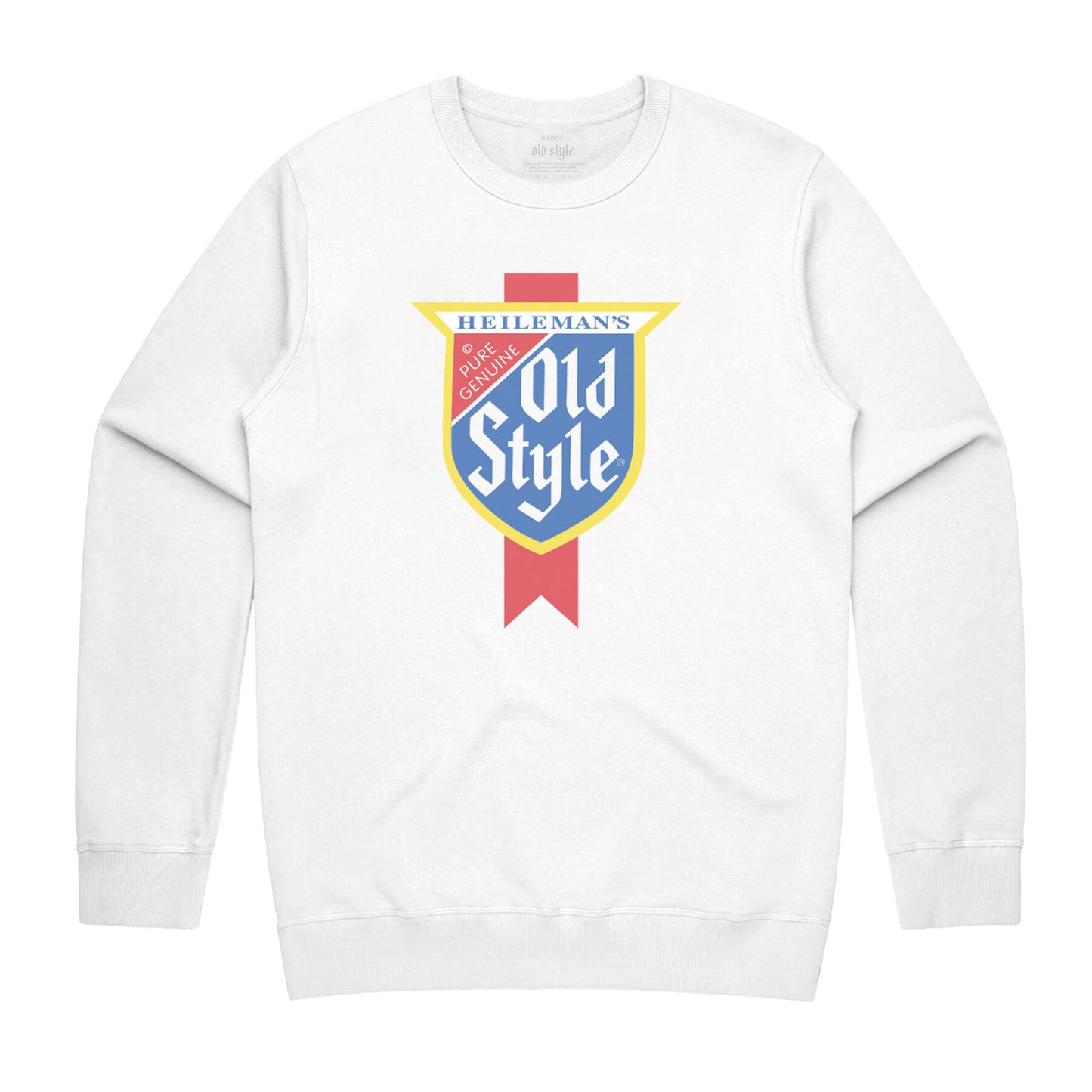 front of crewneck with vintage old style logo