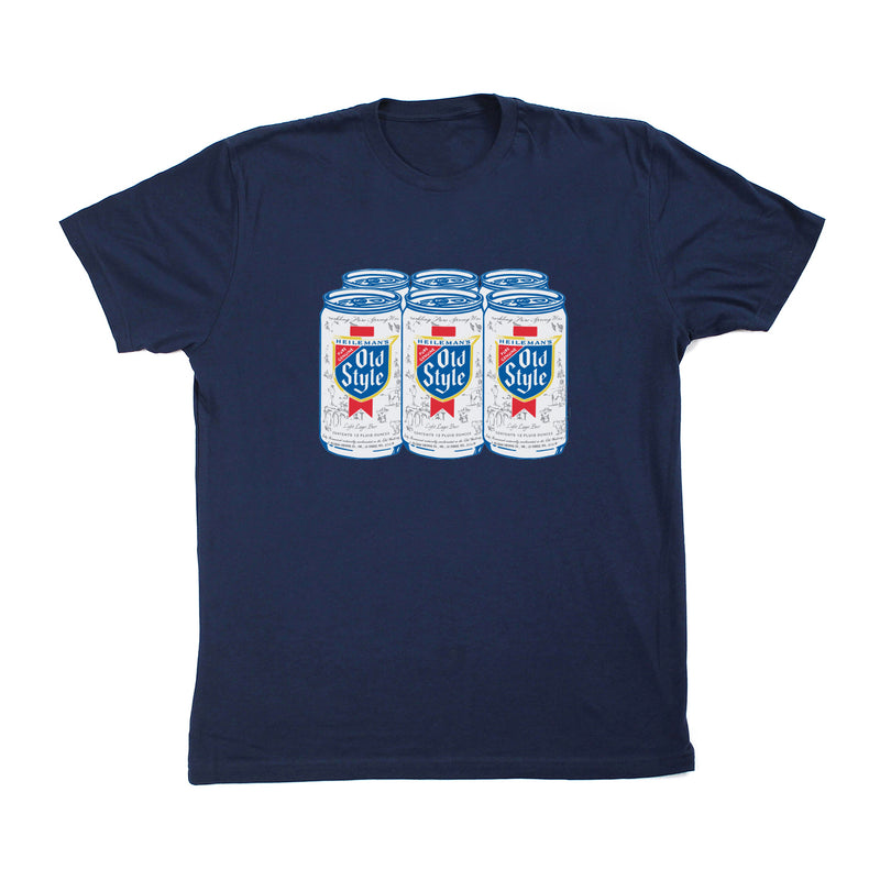 front of t-shirt with 6 pack of old style beer on it