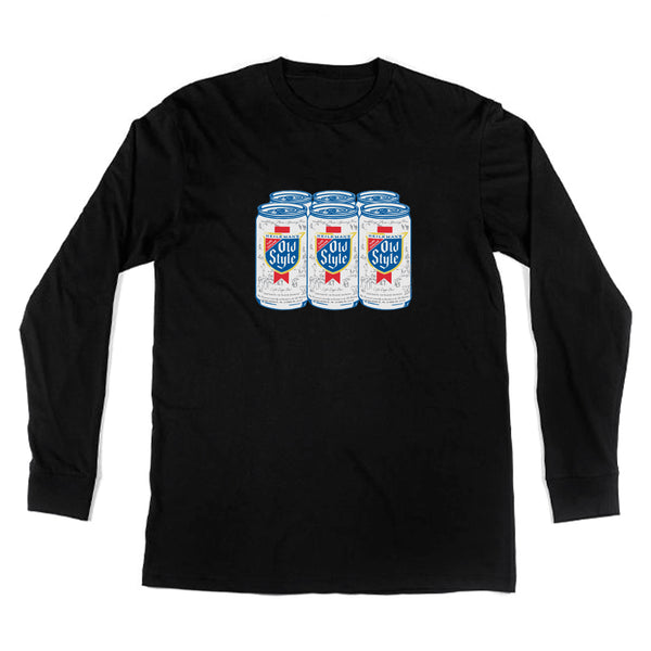 front of long sleeve with 6 pack of old style beer on it