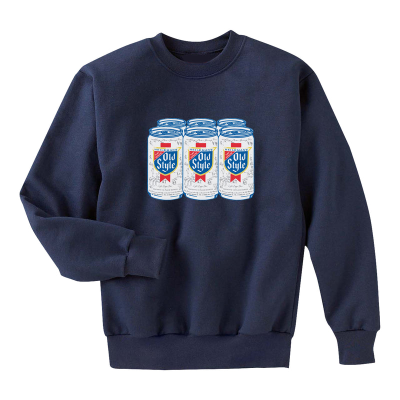 front of crew neck with 6 pack of old style beer on it